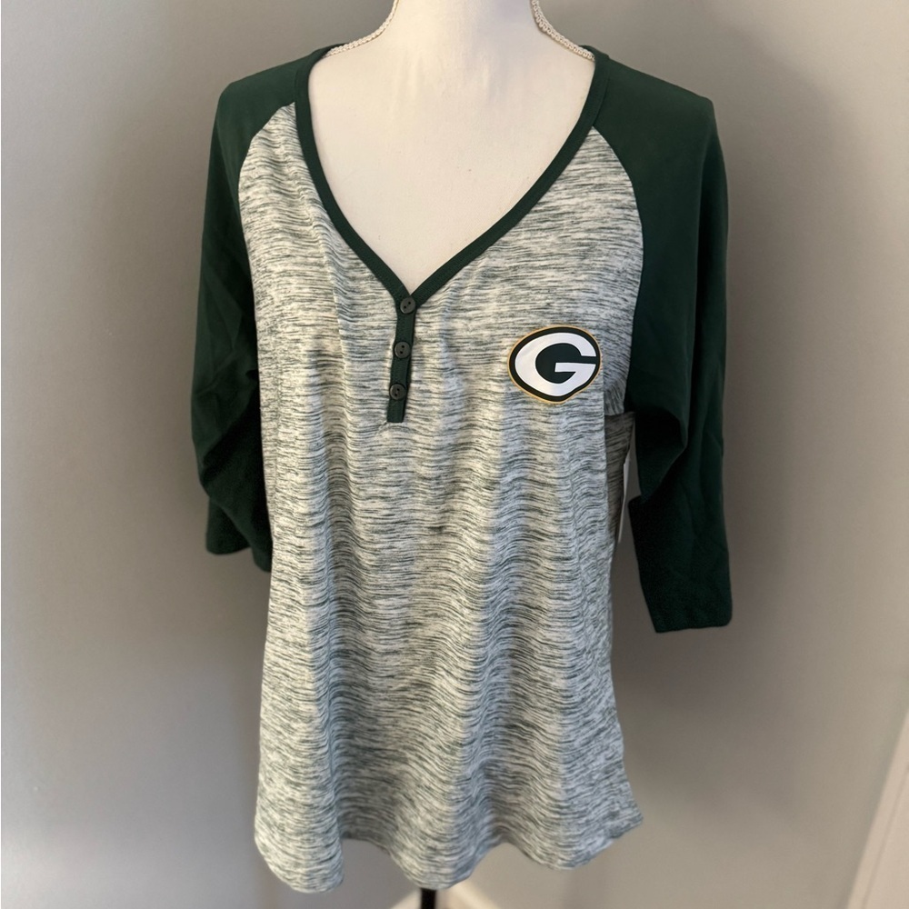 NFL Green Bay Packers Tee- buttons at front. NWT. Size 2XL. Gray green